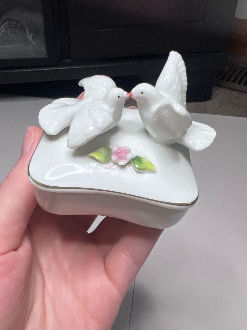 Porcelain Dove Trinket Box with Pink Flower Accent - White
